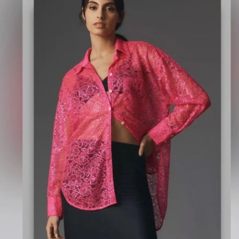 BNWT By Anthropologie Hot Pink Metallic Lace Buttondown Shirt